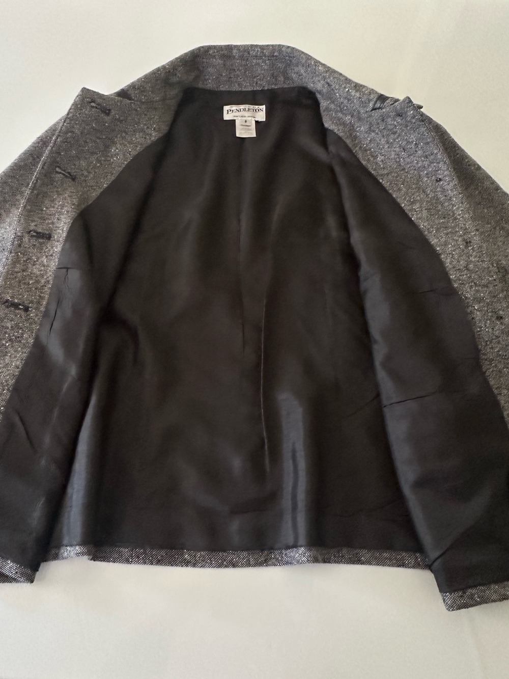 Pendleton Wool Silk Leather Trim Blazer Jacket Size 8 Black White Tweed - Picture 10 of 15